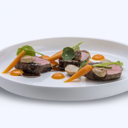 Beef fillet cooked at low temperature with Porcini mushrooms, carrots and bean sprouts