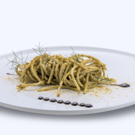 Spaghetti served with a Pistachio, Lemon and Fish Roe sauce